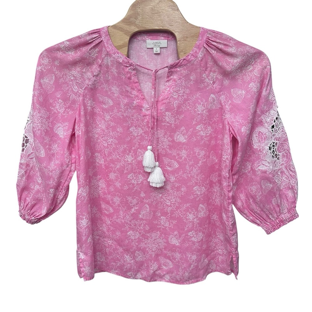 Charter Club luxury Floral‎ Embroidered Linen Top Sz Medium Coastal Lagenlook